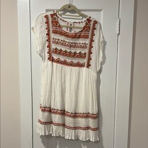 Free People Gauze White Dress with Earth tone Embroidery